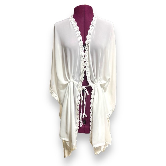 Ivory Sheer Lace Trim Boho Kimono Cardigan Tie Waist Open Front - Picture 5 of 8